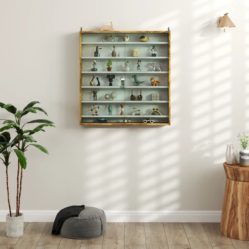 HOMCOM 7-Tier Display Cabinet, Shot Glass Display Case, Glass Curio Cabinet with 2 Glass Doors and 6 Adjustable Shelves, Rustic Brown