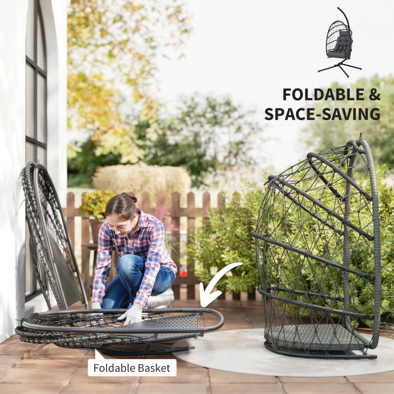 Outsunny Hanging Egg Chair with Stand, Foldable Wicker Rattan Swing Chair with Thick Cushion, Dust Cover and Safety Rope, Grey