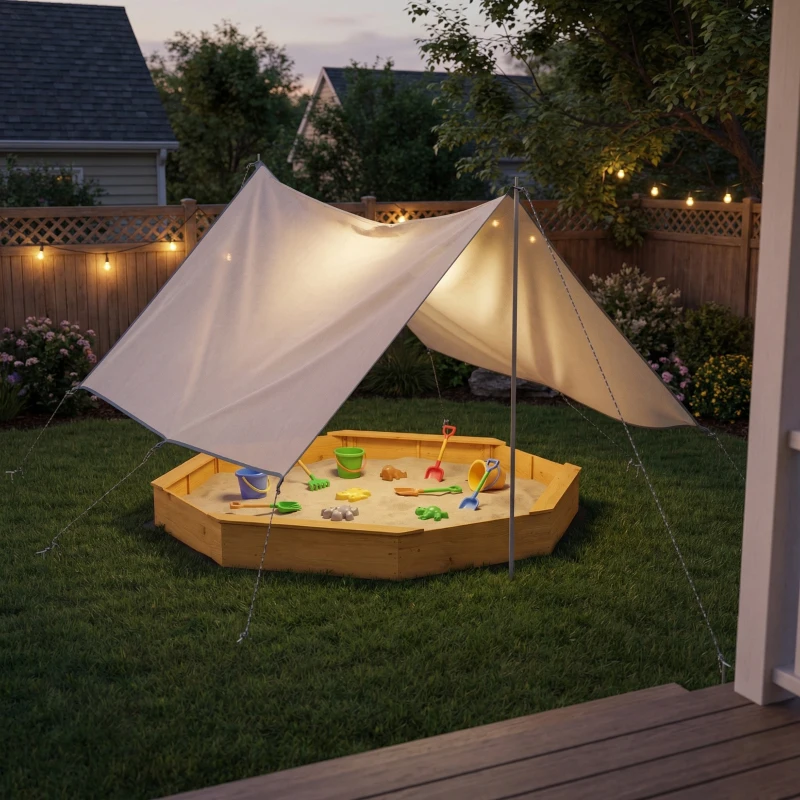 Qaba Wooden Kids Wooden Sandbox with Large Canopy, Outdoor Sand Box with 4 Bench Seats, Bottom Liner for Aged 3-8, Yellow