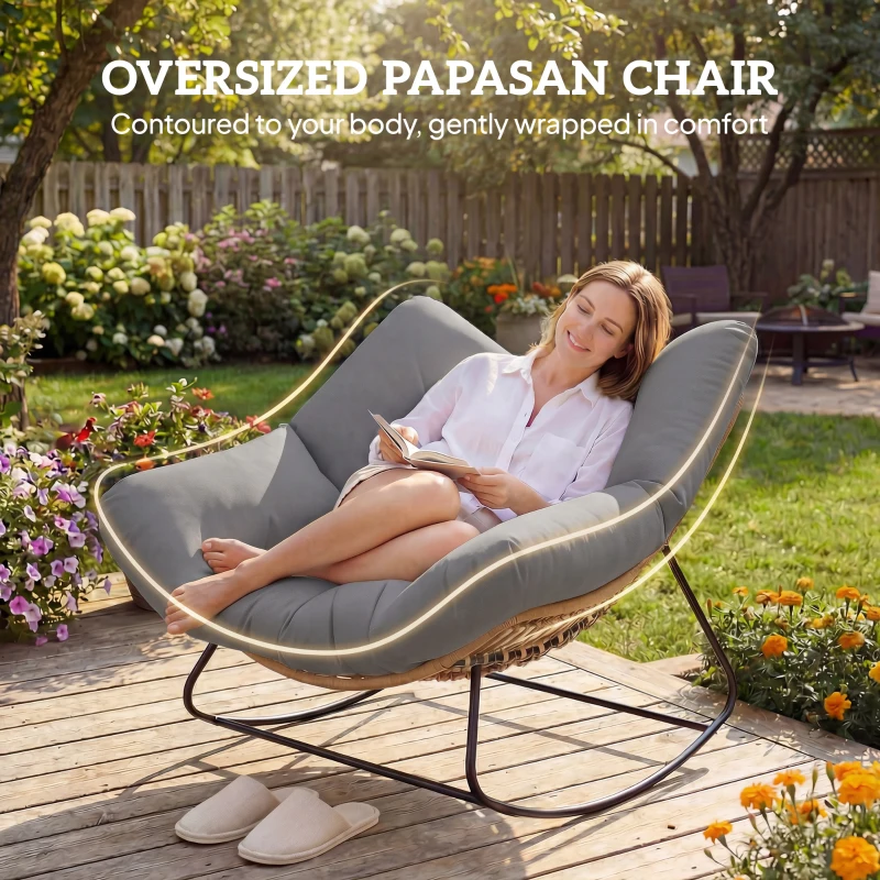Outsunny Indoor Outdoor Papasan Rocking Chair, Oversized Rocking Egg Chair with Cushion for Garden, Patio, Grey