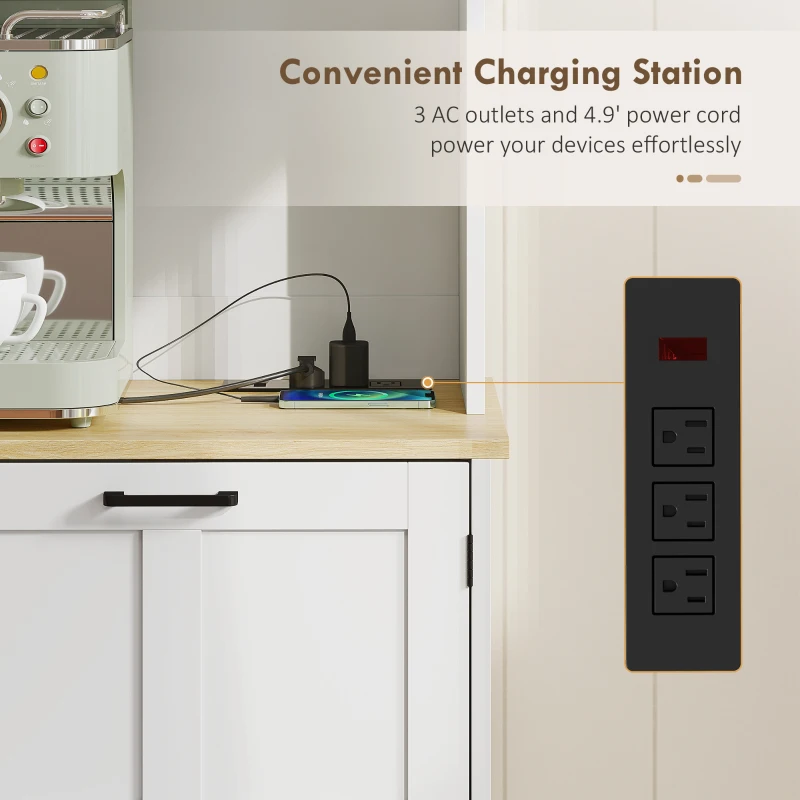 HOMCOM Kitchen Pantry Cabinet with Charging Station, 7 Gallon Trash Can Cabinet, Adjustable Shelves and Acrylic Doors, White