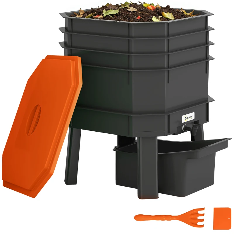 Outsunny 4-Tray Worm Composter Bin, 7.4 Gal Outdoor & Indoor Worm Composter for Recycling Food Waste, Orange