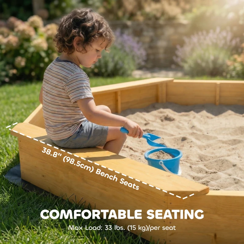 Qaba Wooden Kids Wooden Sandbox with Large Canopy, Outdoor Sand Box with 4 Bench Seats, Bottom Liner for Aged 3-8, Yellow