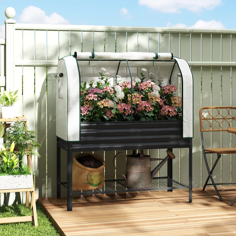 Outsunny Galvanised Raised Garden Bed with Greenhouse Cover, Metal Elevated Garden Bed with Bed Liner, Bottom Shelf, Black