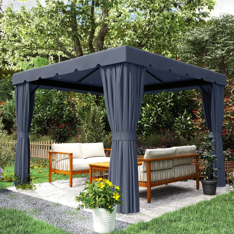 Outsunny 10' x 10' Outdoor Patio Gazebo Double Soft-top Garden Shelter Tent with Curtains, Mesh Screen Drapes, Dark Blue