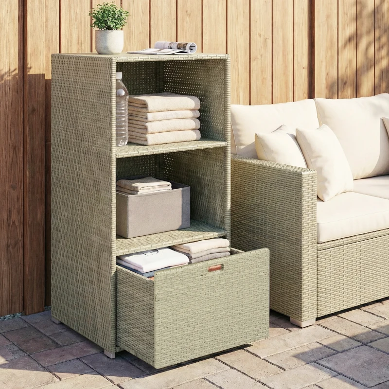 Outsunny Valet Pool Towel Rack, Water-Resistant PE Plastic Rattan Wicker Storage Organizer, 2 Shelves, 1 Basket Drawer