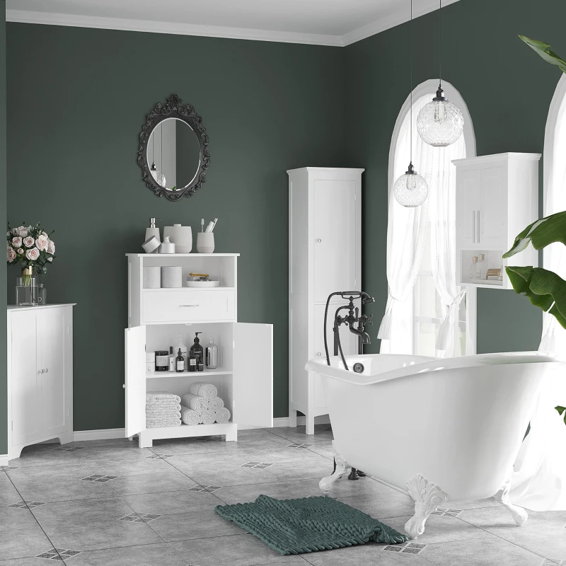 kleankin Tall Bathroom Cabinet, Freestanding Storage Organizer with Adjustable Shelves and Cupboards, 15" x 13" x 63", White