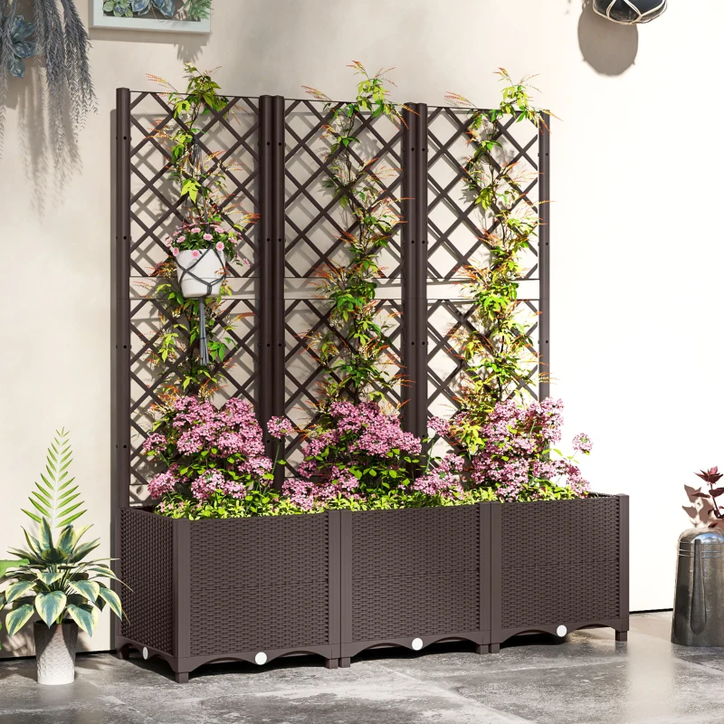 Outsunny Raised Garden Bed with Trellis, Plastic Raised Flower Bed with Drainage Holes and Drain Plugs