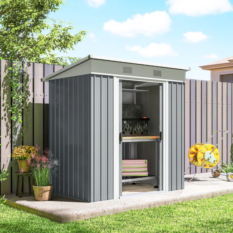 Outsunny 6' x 4' Outdoor Storage Shed, Metal Garden Shed with Lockable Sliding Doors and Vents, Grey