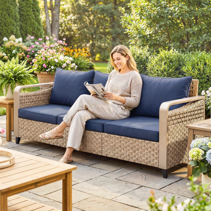 Outsunny Rattan Wicker Sofa 3-Seater Outdoor Patio Sofa with Cushions for Garden Backyard Porch Dark Blue
