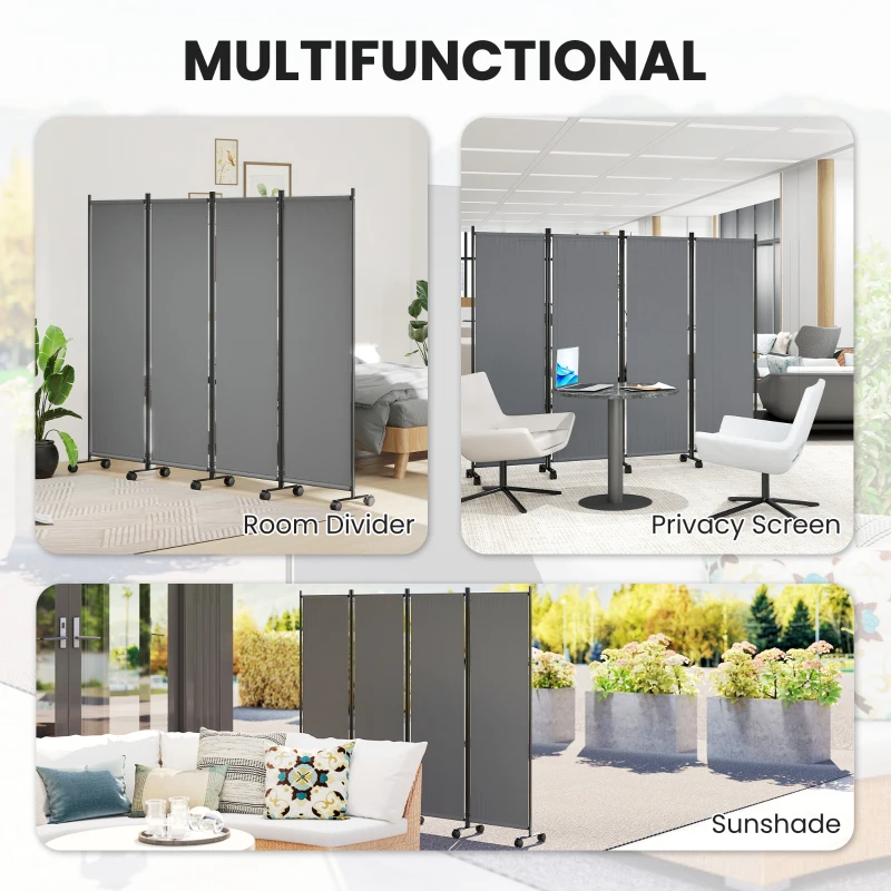 Outsunny Folding Room Divider with Castor Wheels, Rolling Privacy Screen for Home Office Bedroom, 5.6ft Tall