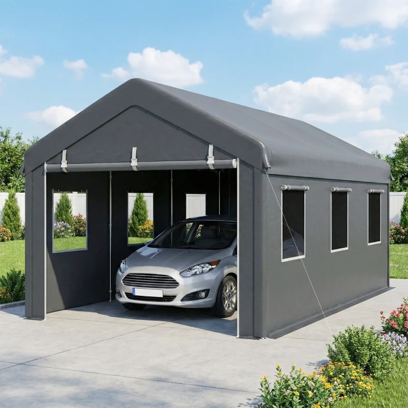 Outsunny 10' x 20' Carport, Heavy Duty Portable Garage with 6 Mesh Windows and 2 Doors, Dark Grey