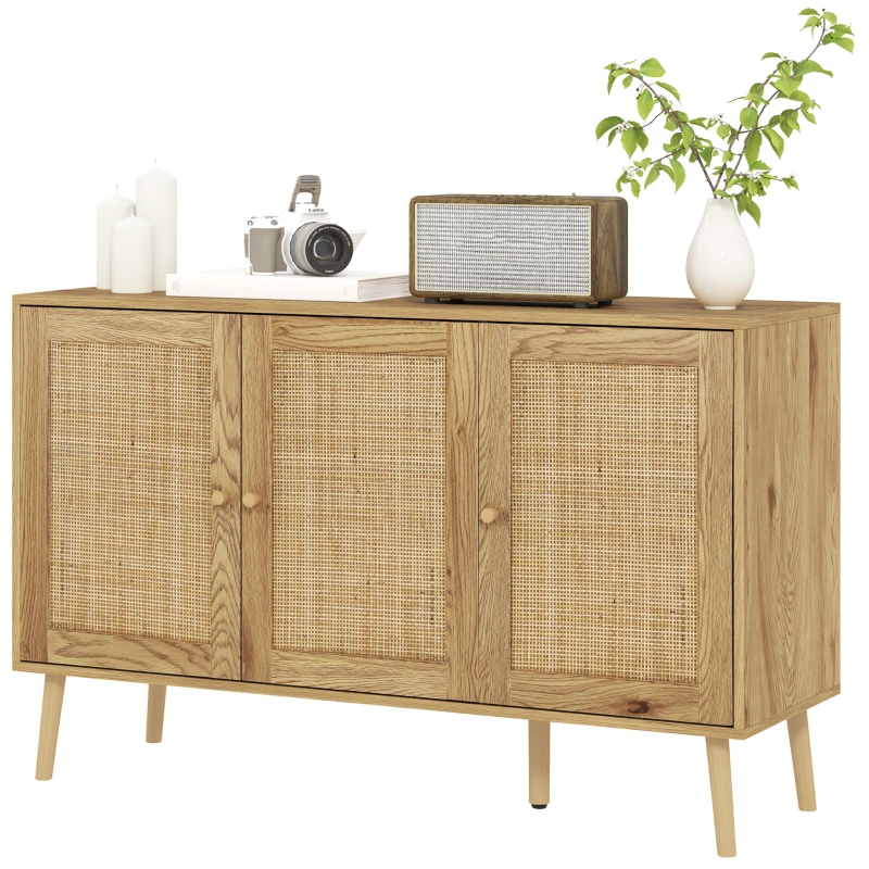 HOMCOM Bohemian Sideboard with Rattan Doors & Adjustable Shelf, Natural Wood Finish