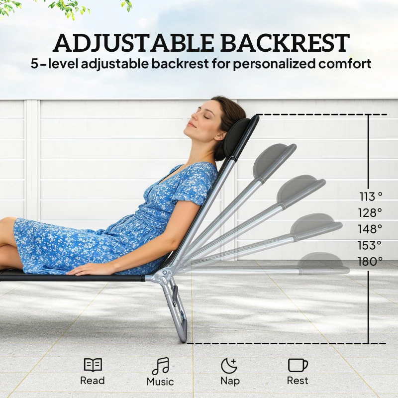 Outsunny 2 Piece Sun Loungers, Folding Chaise Lounge Chairs with Reclining Back, Breathable Mesh Seat, Headrest, Black