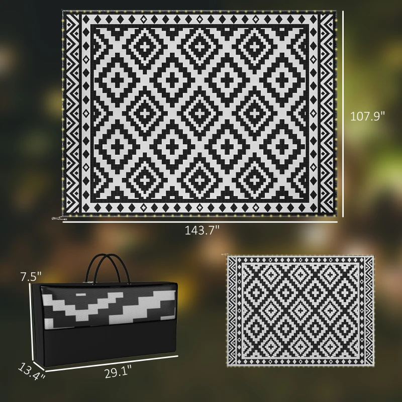 Outsunny Outdoor Rug Carpet Reversible Plastic Straw Rug with LED Lights Black and White 12' x 9' for Patio