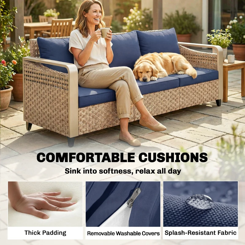 Outsunny Rattan Wicker Sofa 3-Seater Outdoor Patio Sofa with Cushions for Garden Backyard Porch Dark Blue