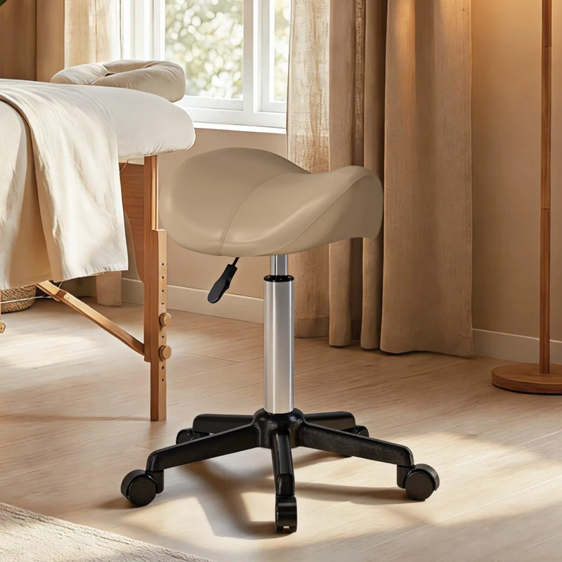 HOMCOM Rolling Salon Stool, PU Leather Swivel Saddle Chair, Adjustable Height Stool with Wheels for Spa, Salon, Office, Brown