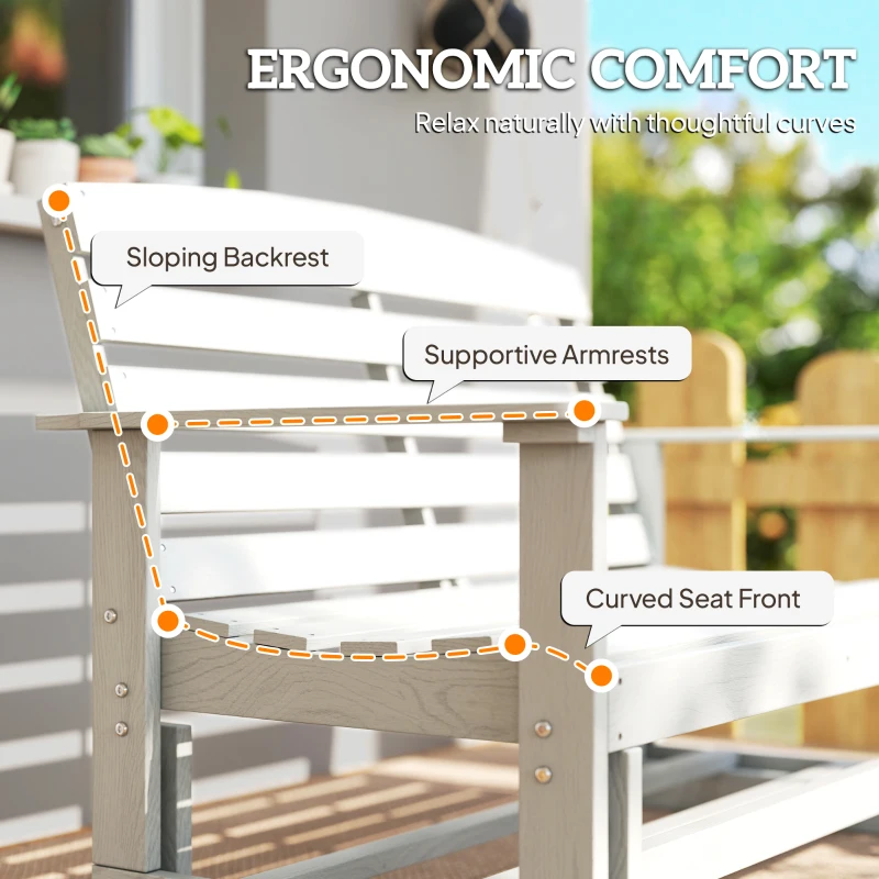 Outsunny Patio Glider Bench w/ HDPE Slatted Double Rocking Chair, Distressed White