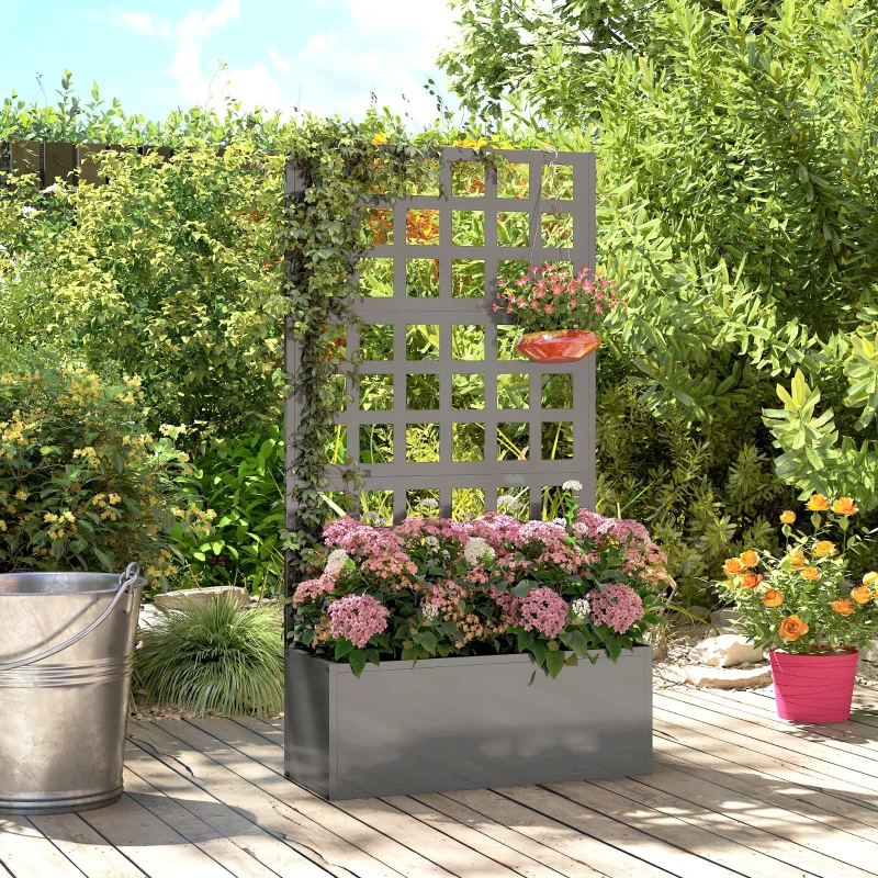 Outsunny Galvanized Raised Garden Bed Planter Box with Trellis for Climbing Plants, Vegetable, Vines, 24" x 9" x 44.5", Gray