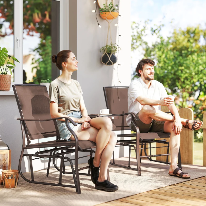 Outsunny Double Patio Glider Chair with Glass Top Center Table, Outdoor Glider Loveseat with High Back,  All Weather Breathable Mesh Fabric for Garden, Backyard, Deck, Brown