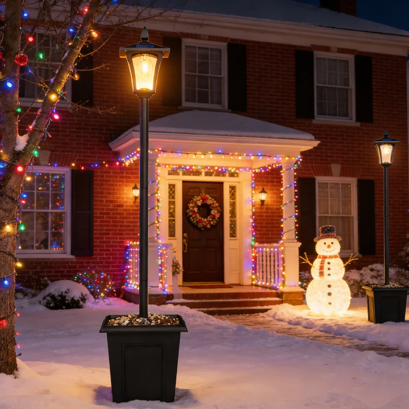 Outsunny 63" Solar Lamp Post Lights 2 Pack, Waterproof LED Solar Light Posts with Planter, Black