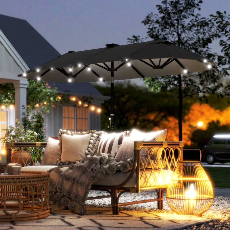 Outsunny 10ft Double-Sided Patio Umbrella with 35 LED Lights, 12 ribs, Extra Large Outdoor Parasol with Twin Canopy, Dark Grey