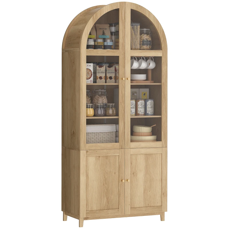 HOMCOM Arched Kitchen Pantry Cabinet, 71" Tall Farmhouse Kitchen Storage Cabinet with Acrylic Glass Doors, Oak