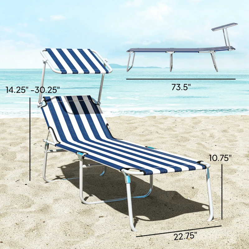 Outsunny Outdoor Pool Chaise Lounge Chair, Folding Tanning Chair with Sun Shade, Blue and White