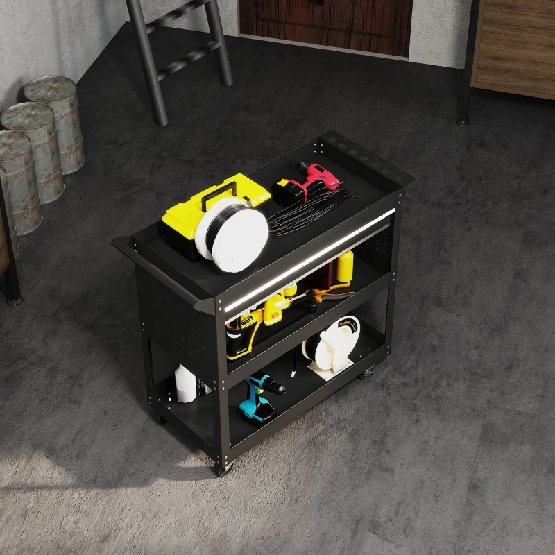 HOMCOM Tool Cart on Wheels, Utility Cart with Wheels, Ball Bearing Drawer, Storage Trays for Garage, Warehouse, Black
