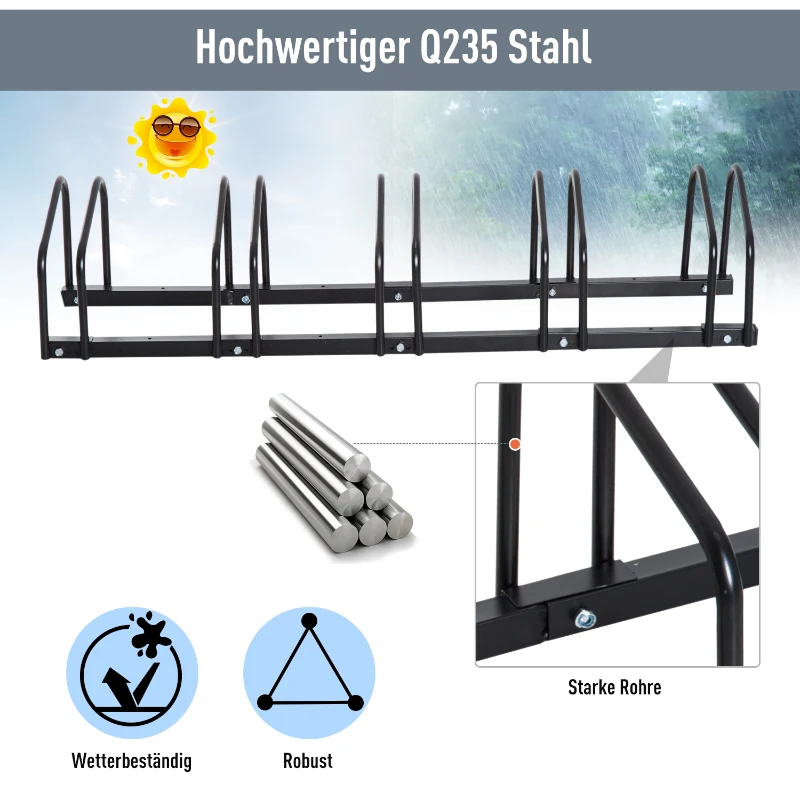 HOMCOM 5-Bike Bicycle Floor Parking Rack Cycling Storage Stand Ground Mount Garage Organizer for Indoor and Outdoor Use Black