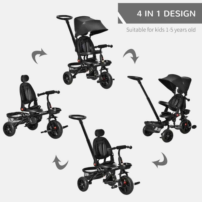 Qaba Tricycle for Toddler 4 in 1 Kids Trike with Reversible Adjustable Seat, Baby Push Bike with Removable Handle, Curved Canopy, Belt Storage Brake Clutch for 1-5 Years, Black