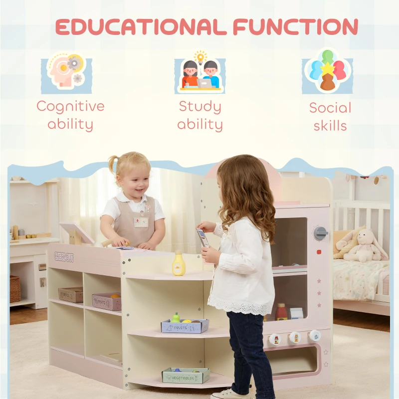 Qaba Kids Grocery Store Playset, Pretend Play Store with Cash Register and Vending Machine for Toddler Boys Girls, Pink