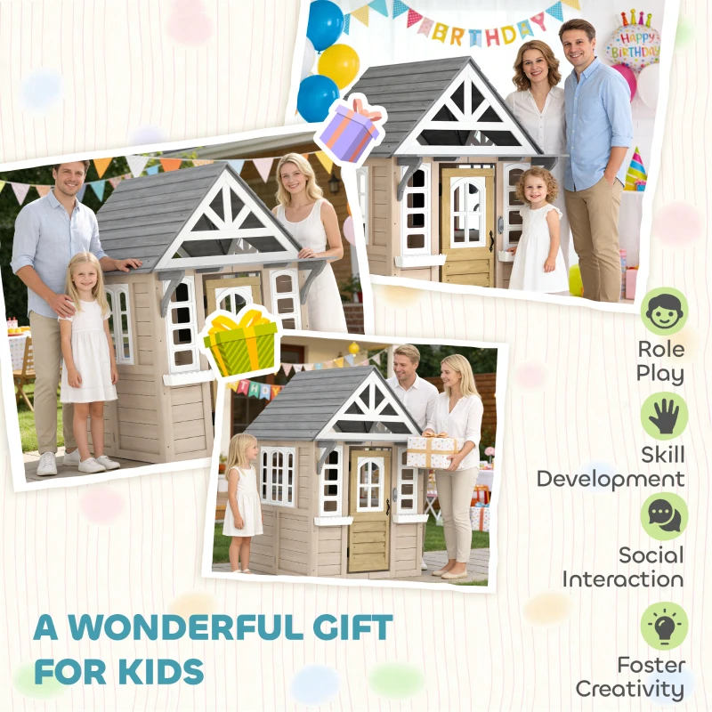 Qaba Outdoor Playhouse, Wooden Kids Playhouse with Dog Door, Cookware, Planter Box, Bell, Blackboard, Clock for Backyard