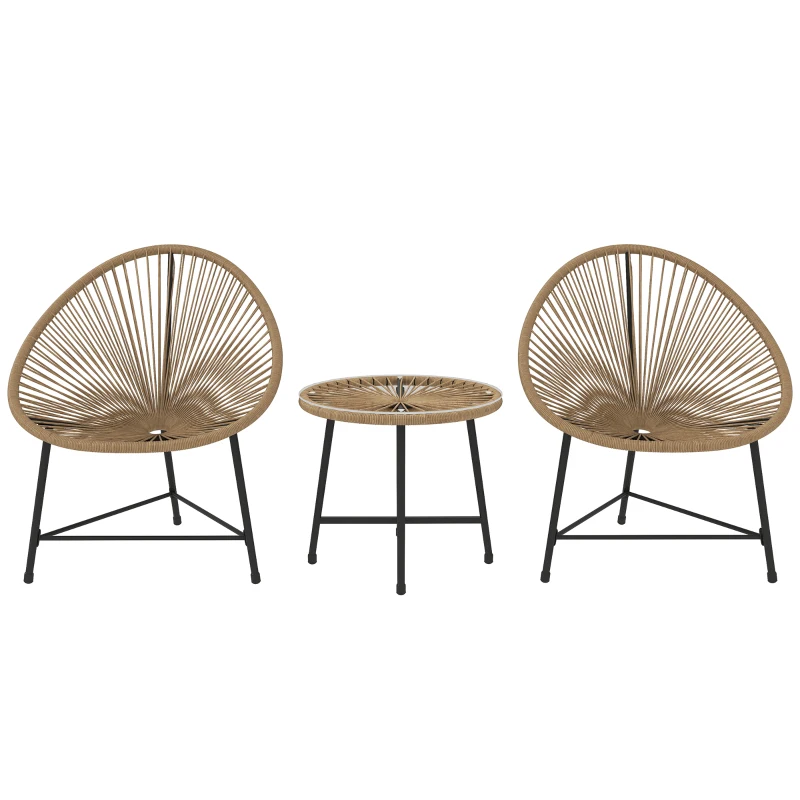 Outsunny Outdoor Bistro Set, 3 Piece Wicker Patio Furniture Set with Acapulco Chairs and Glass-Top Table, Natural Wood