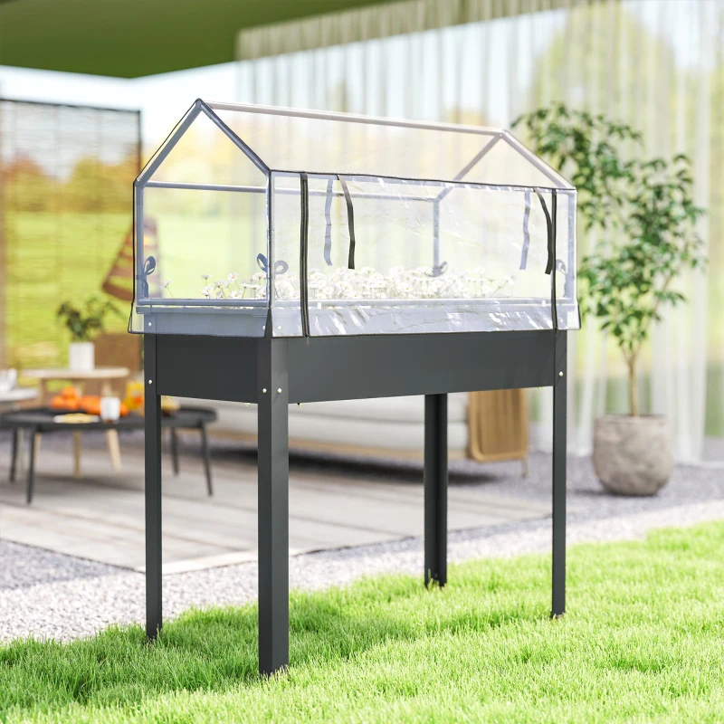 Outsunny Elevated Garden Box with Greenhouse Cover, Raised Garden Bed with Legs and Drainage Hole for Vegetables, Dark Gray