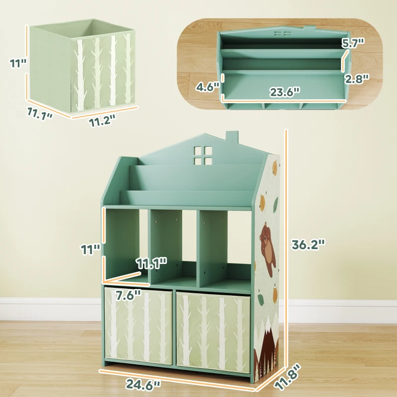 Qaba Kids Bookshelf with Storage, Toy Storage Unit with Book Display, Shelves and Fabric Drawers for Playroom Nursery, Green