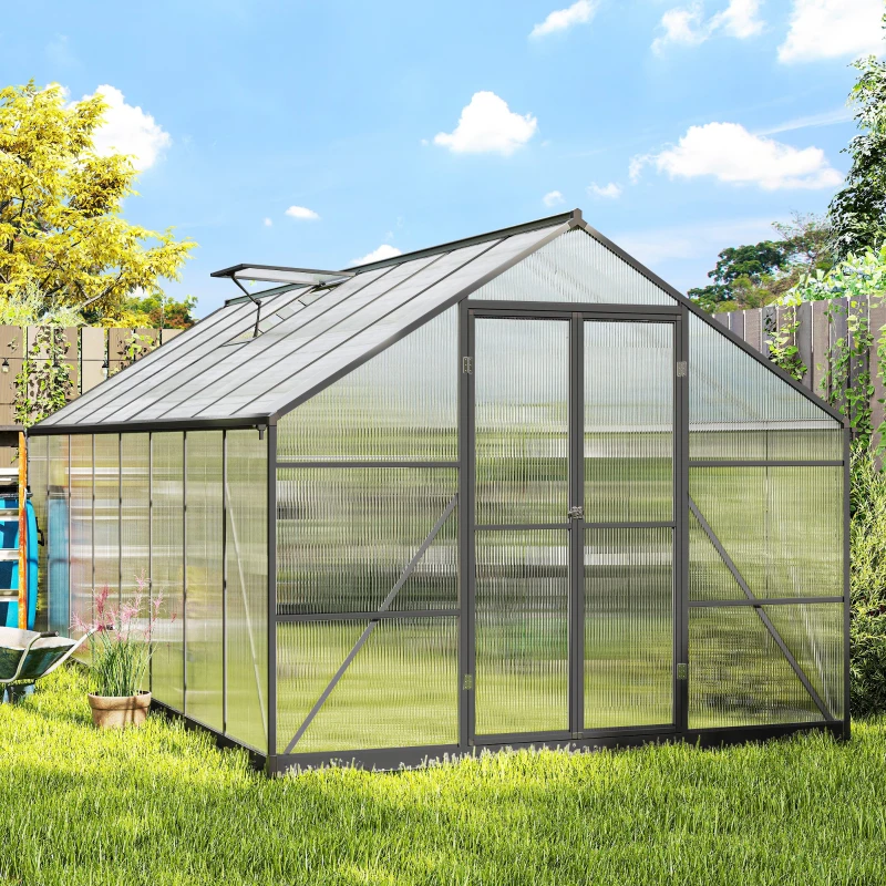 Outsunny Polycarbonate Greenhouse, Walk-in Green House with Two Top Windows, Rain Gutter and Swing Door, 8' x 16' x 7', Dark Grey
