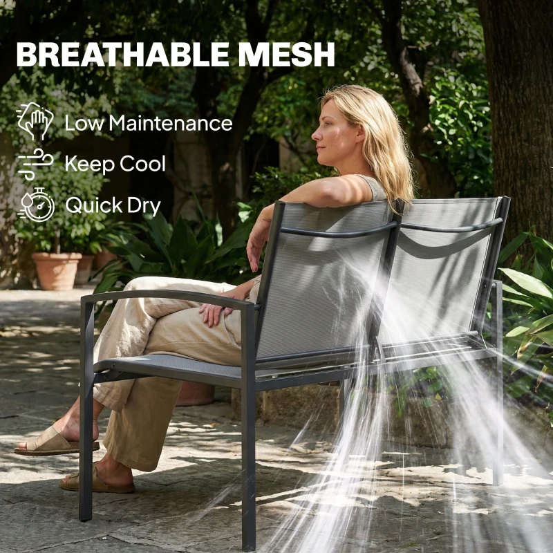 Outsunny Outdoor Garden Bench, 44 in Metal Patio Garden Park Bench with Breathable Mesh Fabric, 484 lb Load Capacity, Grey