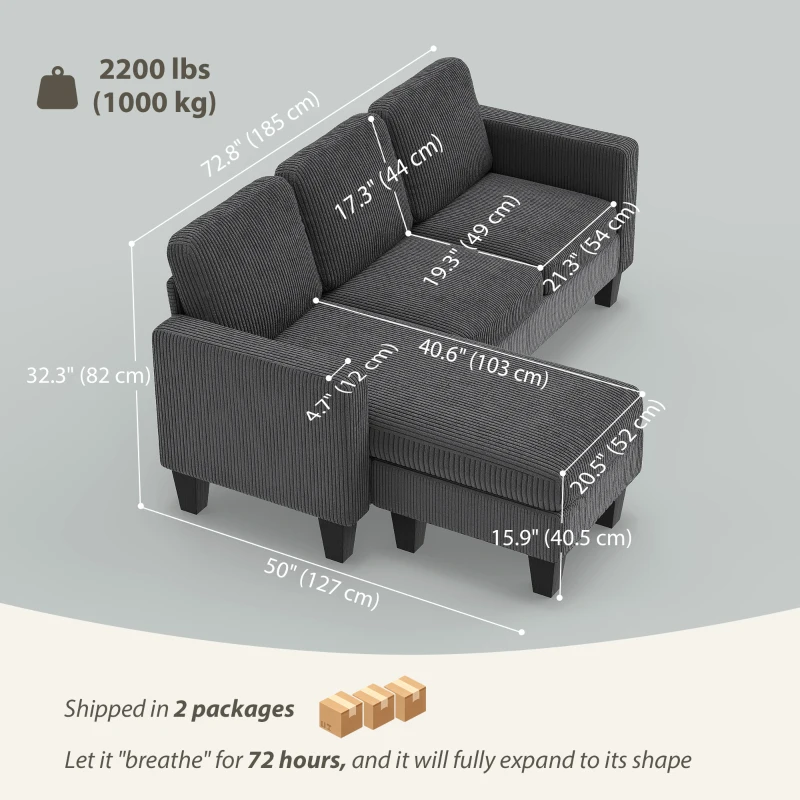 HOMCOM Sectional Sofa, L Shaped Couch, with Changeable Chaise or Ottoman, Dark Grey