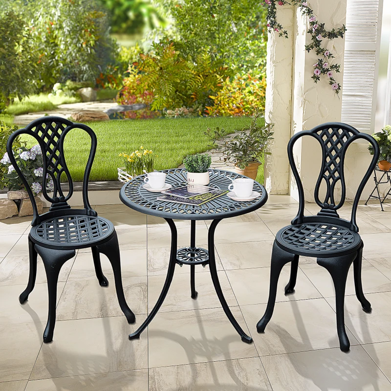 Outsunny 3 Pieces Antique Outdoor Bistro Set Cast Aluminum Patio Table and Chairs with Umbrella Hole, Black