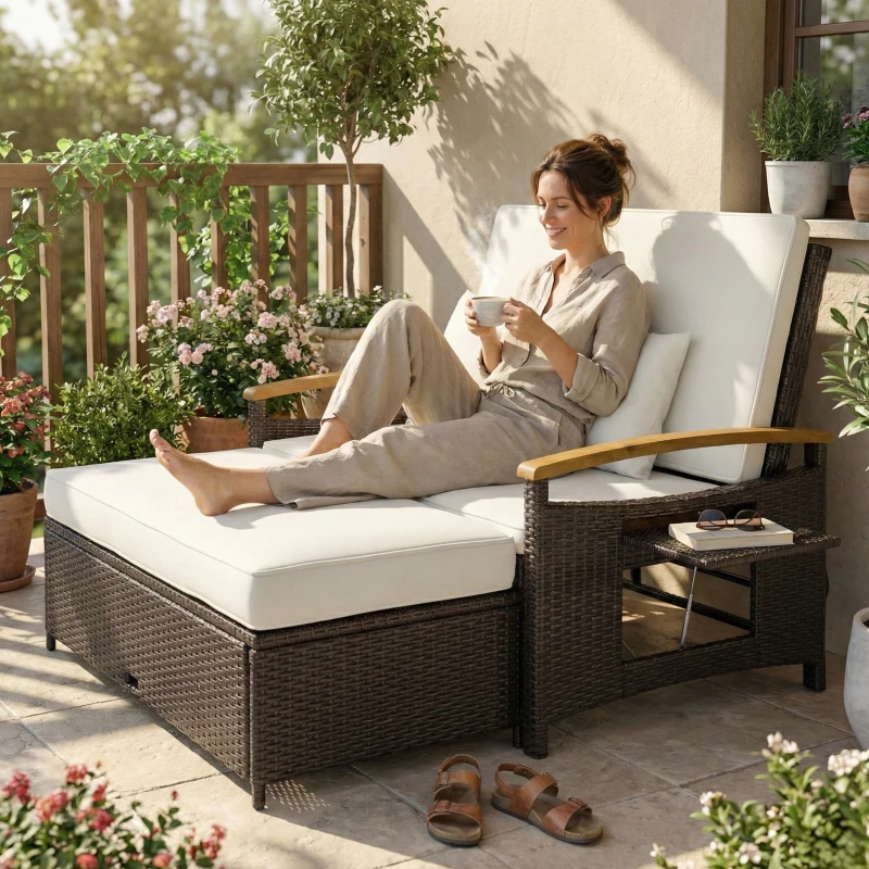 Outsunny Rattan Outdoor Daybed w/4-Level Adjustable Backrest, Patio Sofa Bed w/Storage Ottoman, Acacia Wood Armrest, Beige