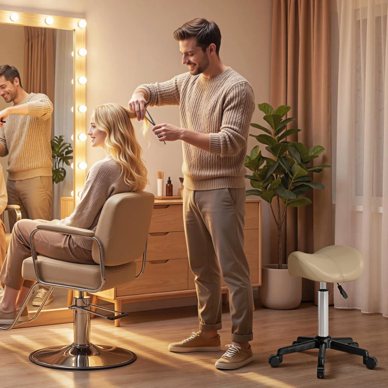 HOMCOM Rolling Salon Stool, PU Leather Swivel Saddle Chair, Adjustable Height Stool with Wheels for Spa, Salon, Office, Brown