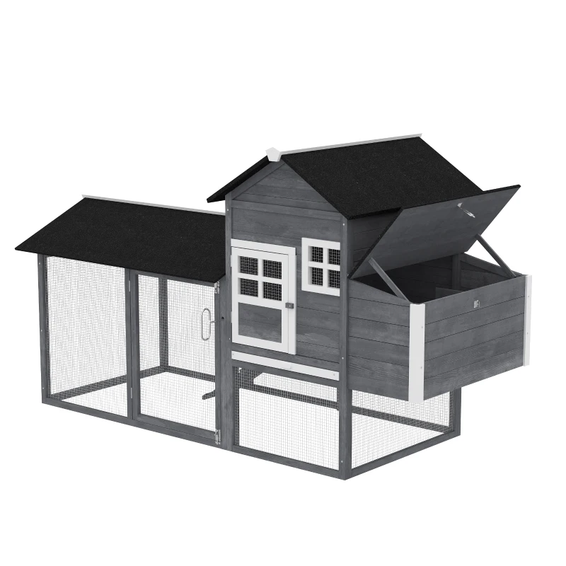 PawHut 84" Wooden Chicken Coop, Hen House Outdoor with Run Nesting Box, Asphalt Roof, Removable Tray, Ramp, Poultry Cage for 2-3 Chickens, Gray(m-12)