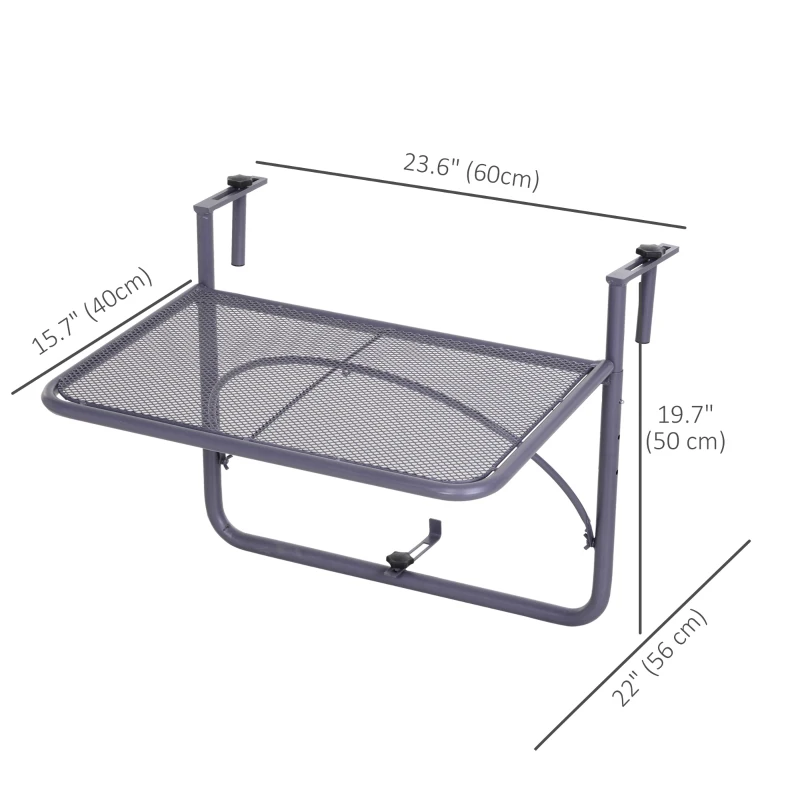 Outsunny Adjustable Balcony Hanging Railing Table, Metal Mounting Mini Wall Desk Storage Rack, Outdoor Flower Stand Serving Table Rectangle, Grey