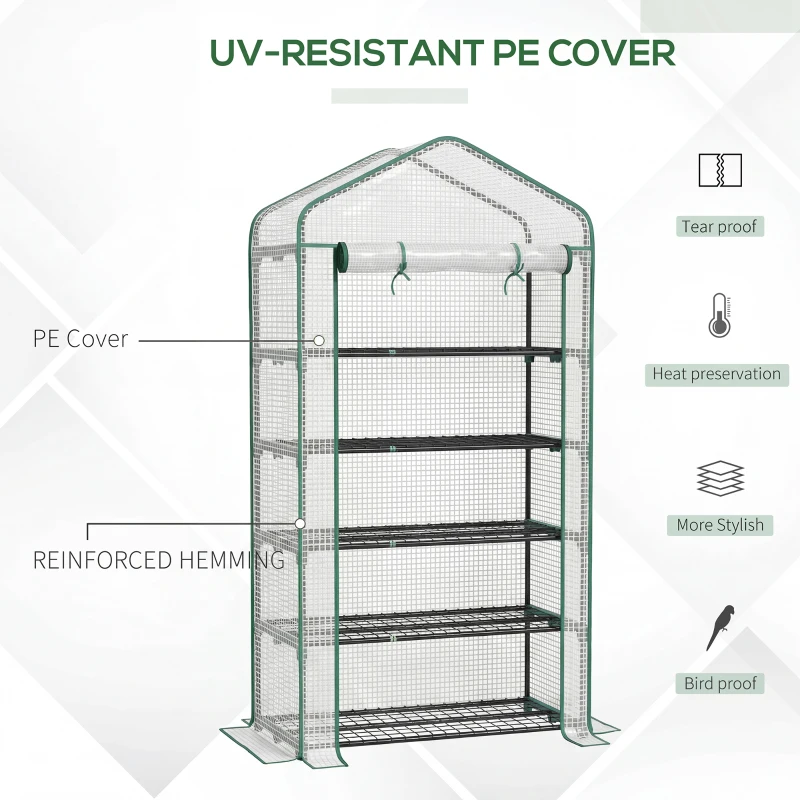 Outsunny 5 Tier Mini Greenhouse, Small Portable Greenhouse with PE Cover, Roll-Up Zippered Door, 76" x 35.4" x 19.3", White