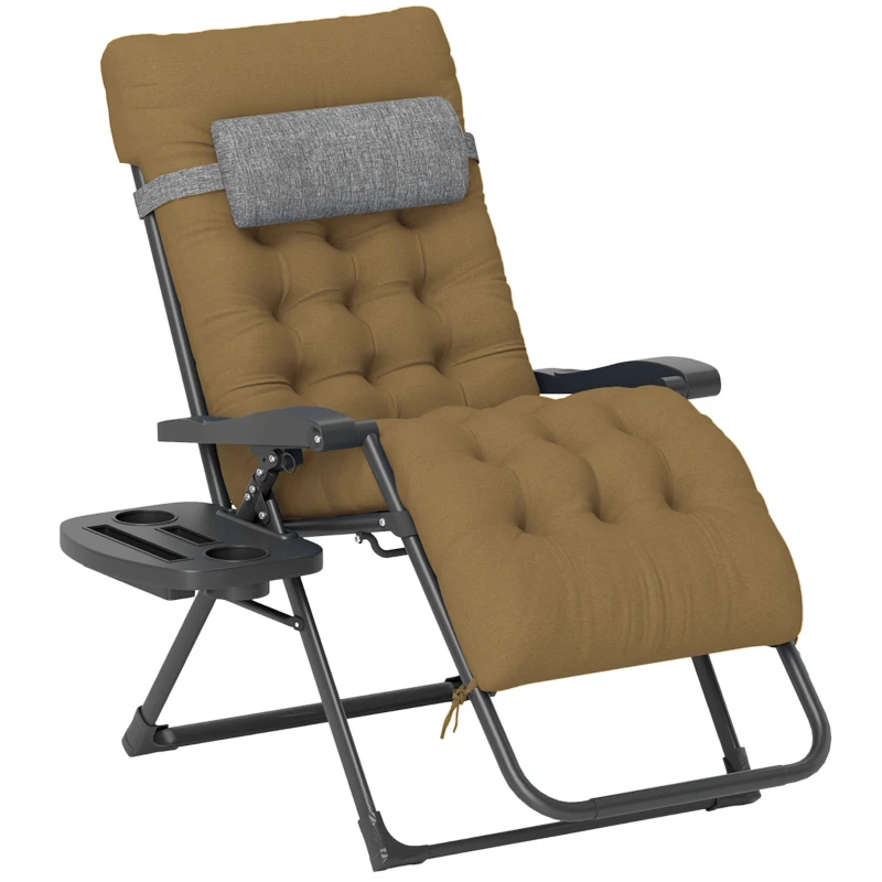 Outsunny Padded Folding Recliner Chair, Patio Lounger with Cupholder, Adjustable Backrest, Removable Cushion, Light Khaki