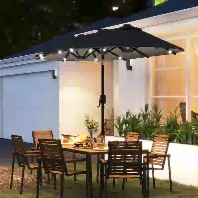 Outsunny 10ft Double-Sided Patio Umbrella with 35 LED Lights, 12 ribs, Extra Large Outdoor Parasol with Twin Canopy, Dark Grey