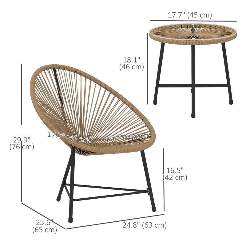 Outsunny Outdoor Bistro Set, 3 Piece Wicker Patio Furniture Set with Acapulco Chairs and Glass-Top Table, Natural Wood