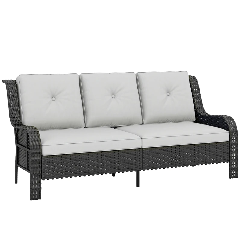Outsunny Wicker Patio Sofa with Cushions, 3 Seater Rattan Outdoor Couch for Patio, Garden, Porch, Backyard, Light Grey