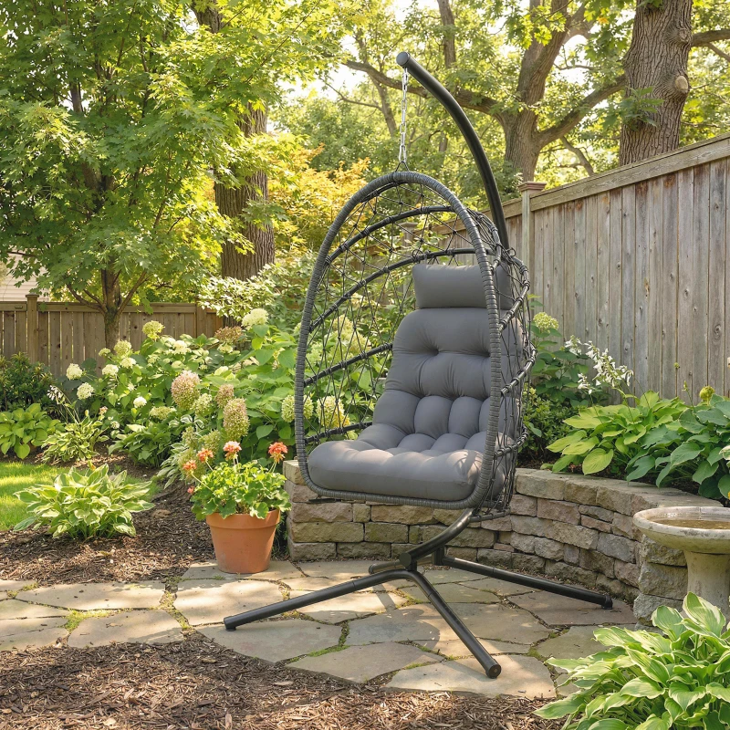 Outsunny Hanging Egg Chair with Stand, Foldable Wicker Rattan Swing Chair with Thick Cushion, Dust Cover and Safety Rope, Grey